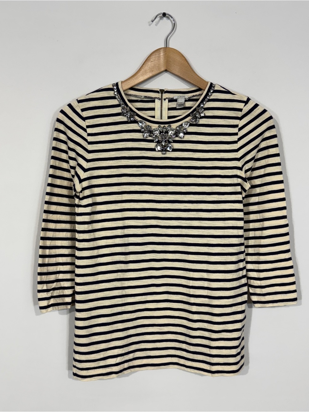 WSH38 {J. Crew} Cream Navy Striped Rhinestone Statement Necklace Long Sleeve Top